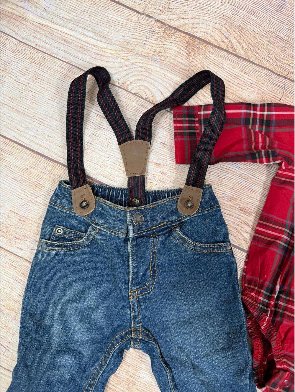 Carters 3 Month Red Plaid Bodysuit and Denim Pants Set with Suspenders NWT - Picture 4 of 6